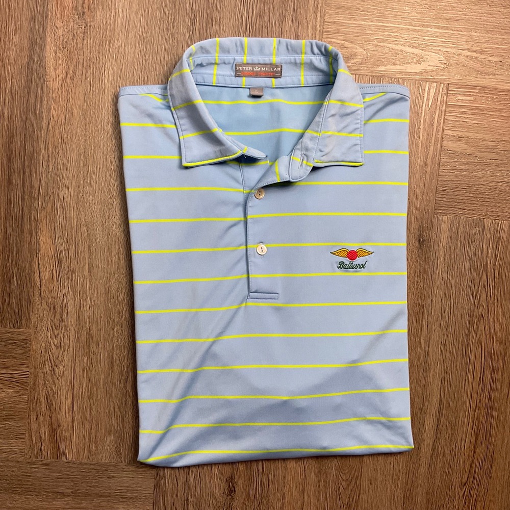 Peter Millar Summer Comfort Polo Shirt Mens Large Blue Yellow Baltusrol Golf